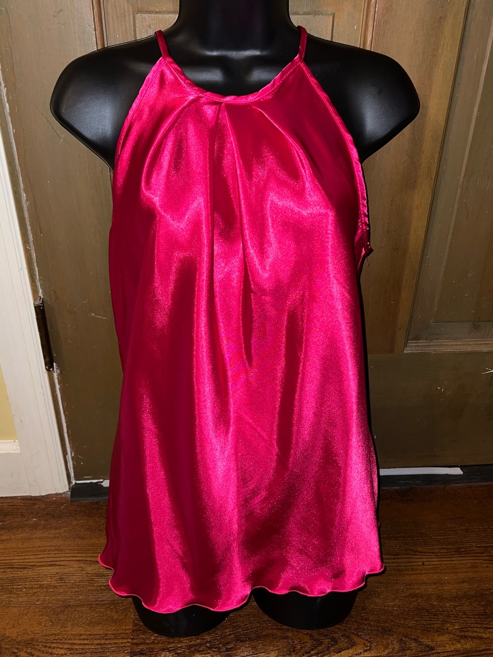 Fuchsia Satin Halter Neck Feminine Ruffle Chic Flowy Tank Top Size M - Picture 2 of 7